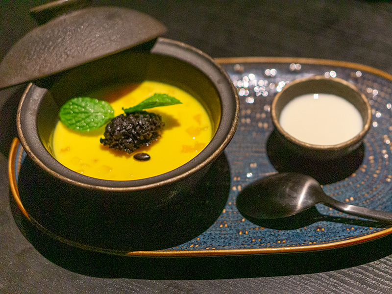 Chilled Mango Pudding with White Chocolate and Olive Compote